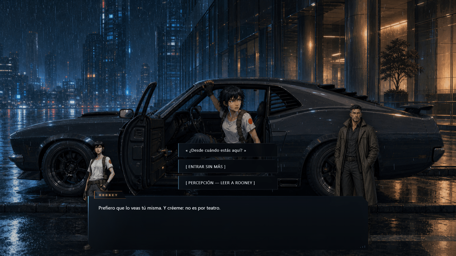 Decisión narrativa en Precinct 2099 con Kade y Rooney junto a un coche bajo la lluvia.