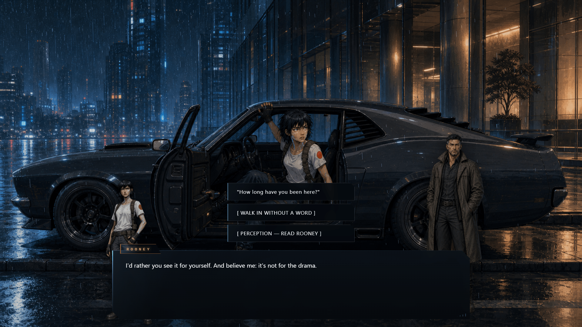 Narrative choice in Precinct 2099 with Kade and Rooney beside a car in the rain.